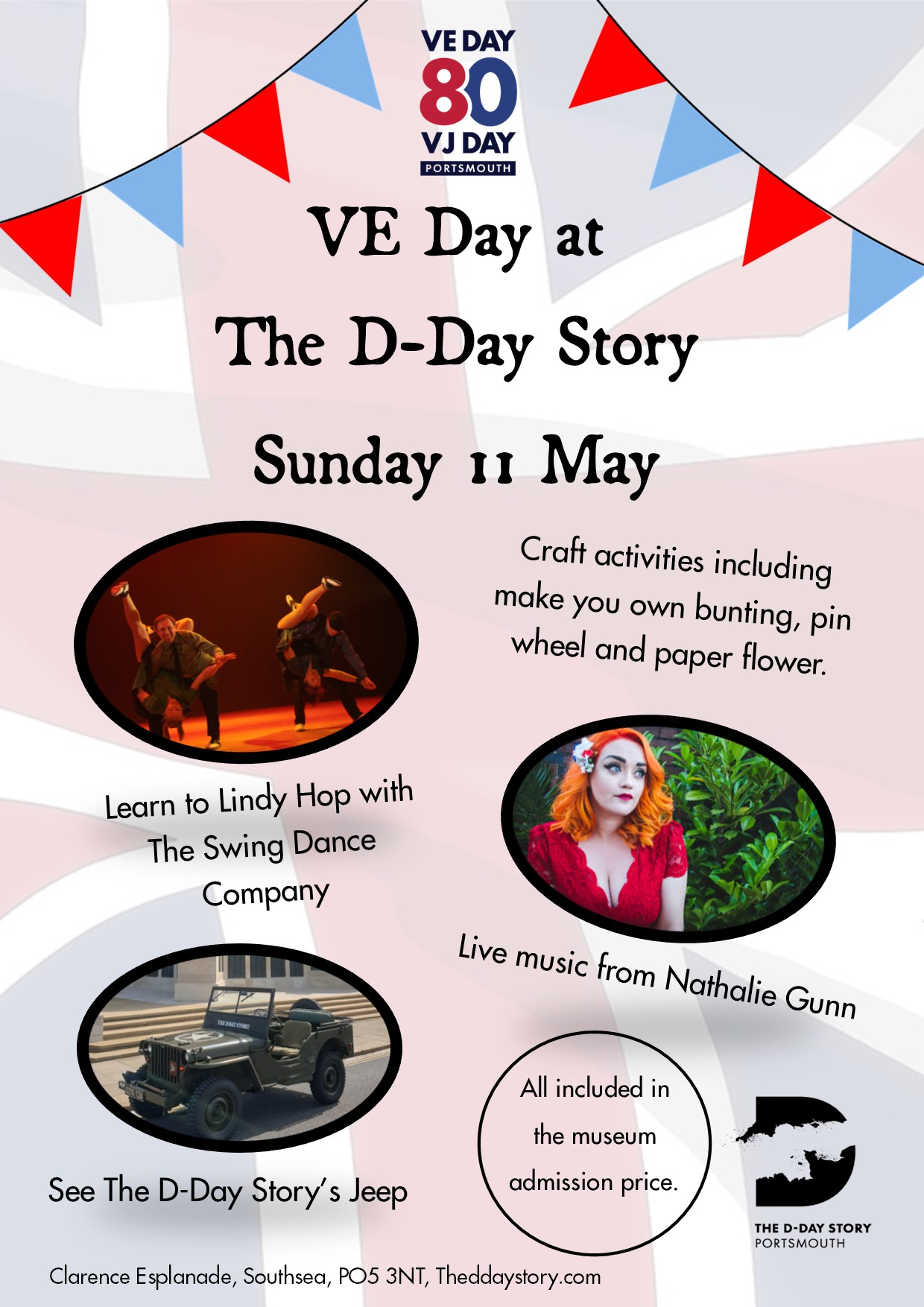 VE day event poster 1 Poster for VE Day 80th Anniversary event at The D-Day Story Southsea featuring Learn to Lindy Hop with The Swing Dance Company.